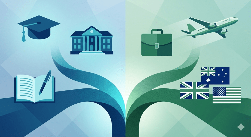Two paths diverging - academic path versus workplace and immigration path.