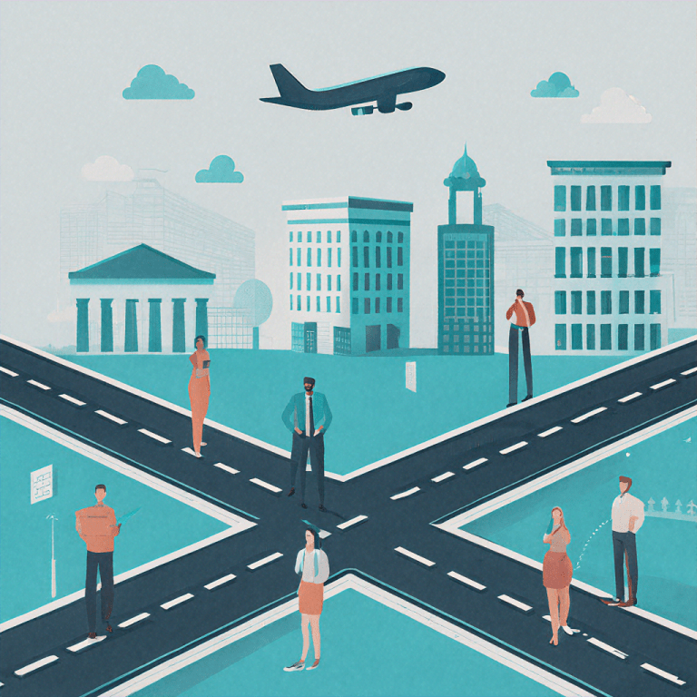A diverse group of young Malaysian professionals and students standing at a symbolic crossroads with pathways leading to icons representing universities, office buildings, and airplanes.