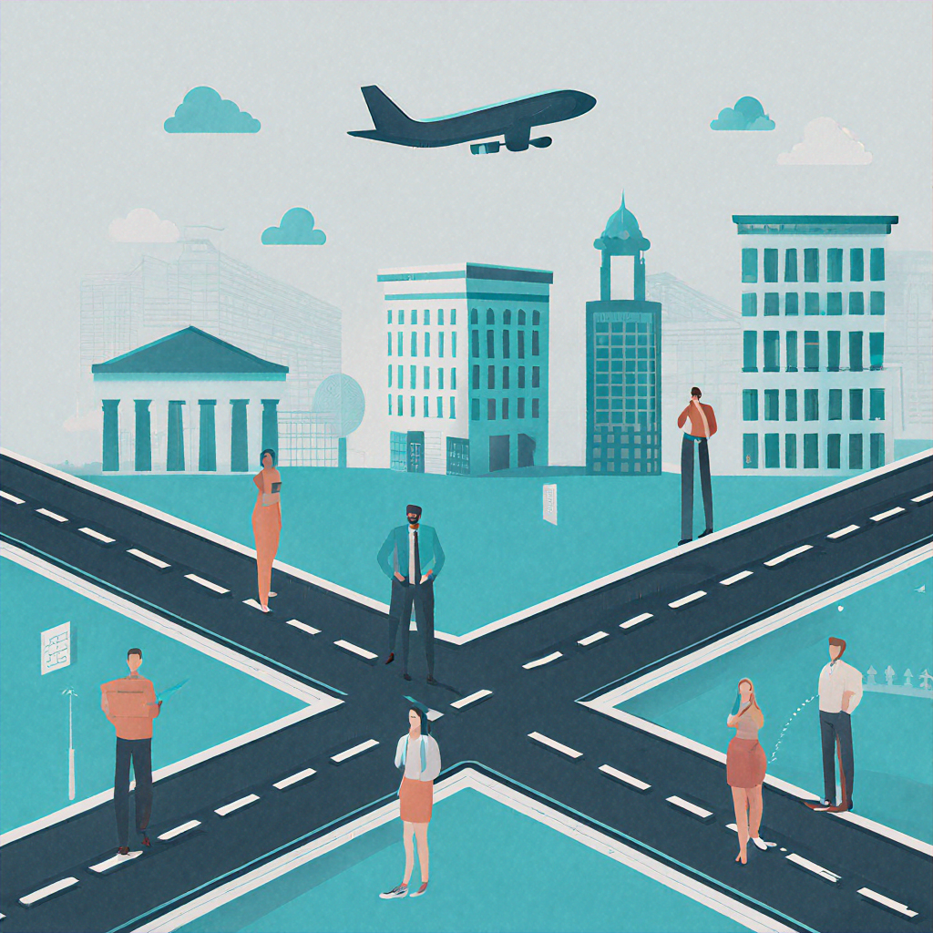 A diverse group of young Malaysian professionals and students standing at a symbolic crossroads with pathways leading to icons representing universities, office buildings, and airplanes.