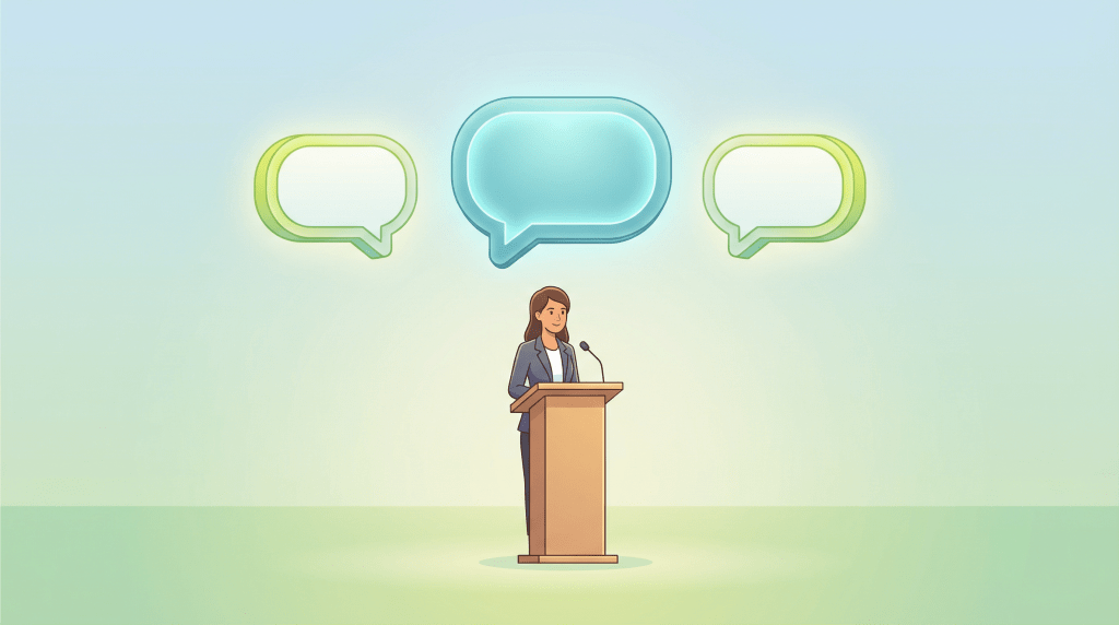 Student preparing for IELTS Speaking Part 2 with three speech bubbles representing the test's different sections.