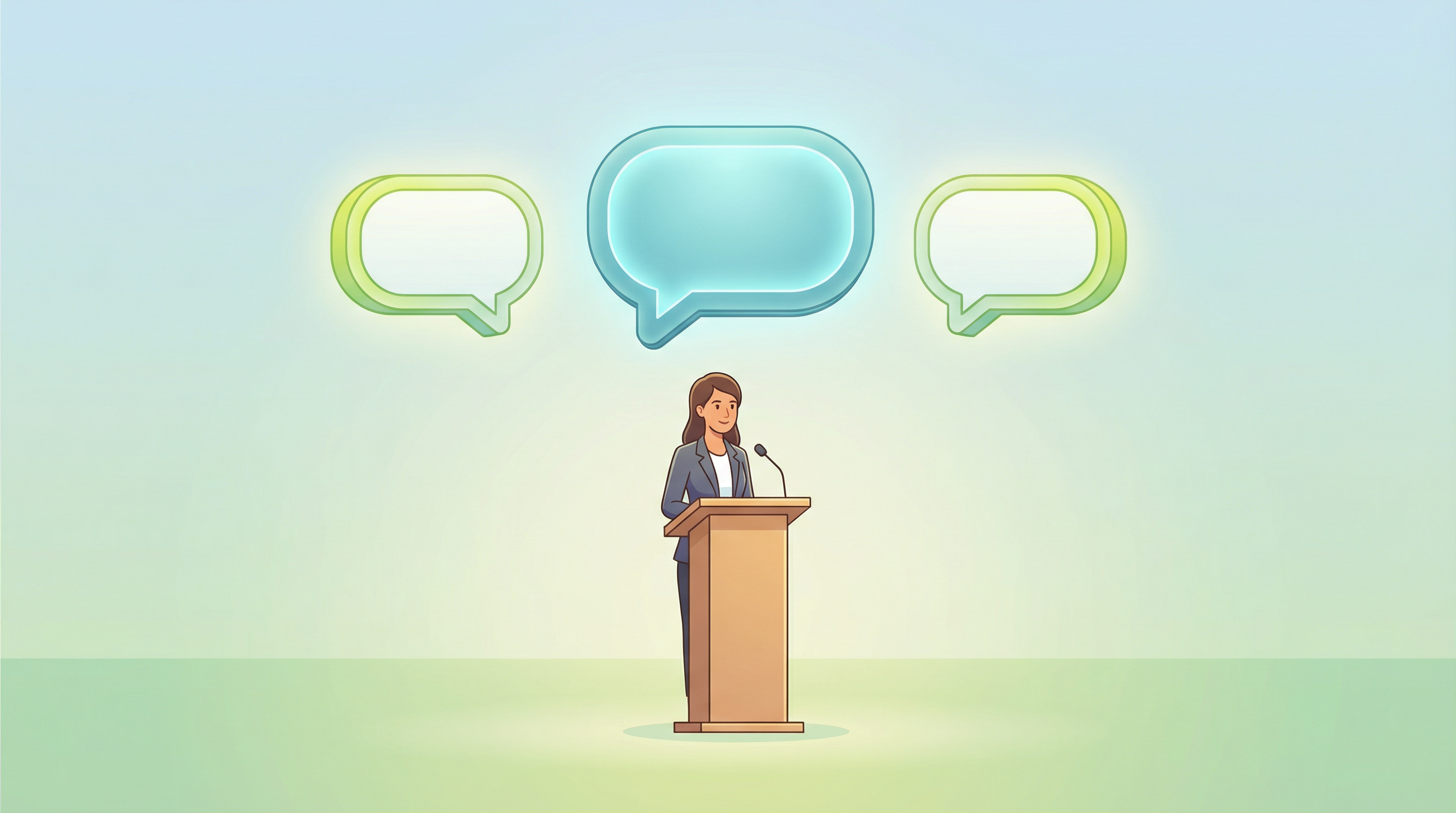 Student preparing for IELTS Speaking Part 2 with three speech bubbles representing the test's different sections.