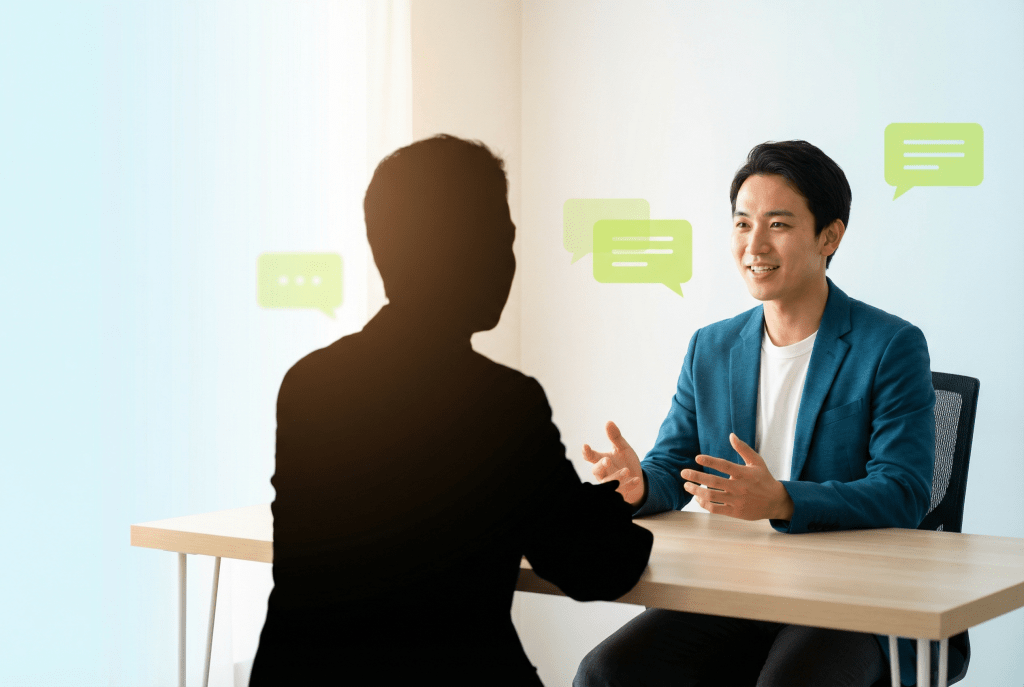  Student confidently discussing IELTS speaking topics with an examiner in a professional test setting