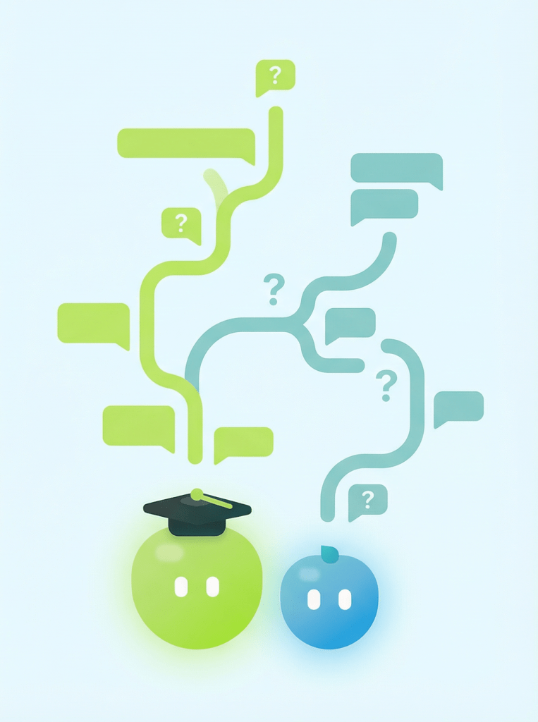 Illustration comparing a static question-and-answer tool with Speechful's adaptive AI examiner that responds dynamically