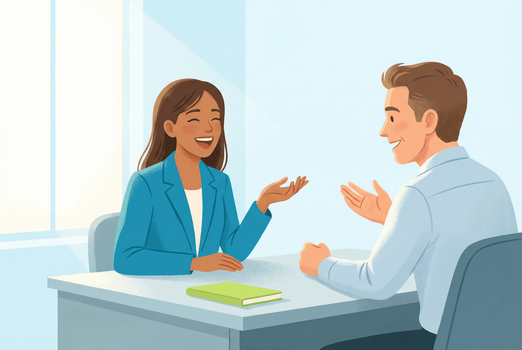 Candidate and examiner having a friendly conversation during an IELTS speaking part 1 session at a modern desk.