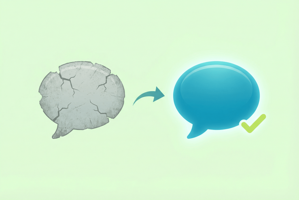 Two speech bubbles comparing a faded incorrect response with a polished corrected version connected by an arrow.