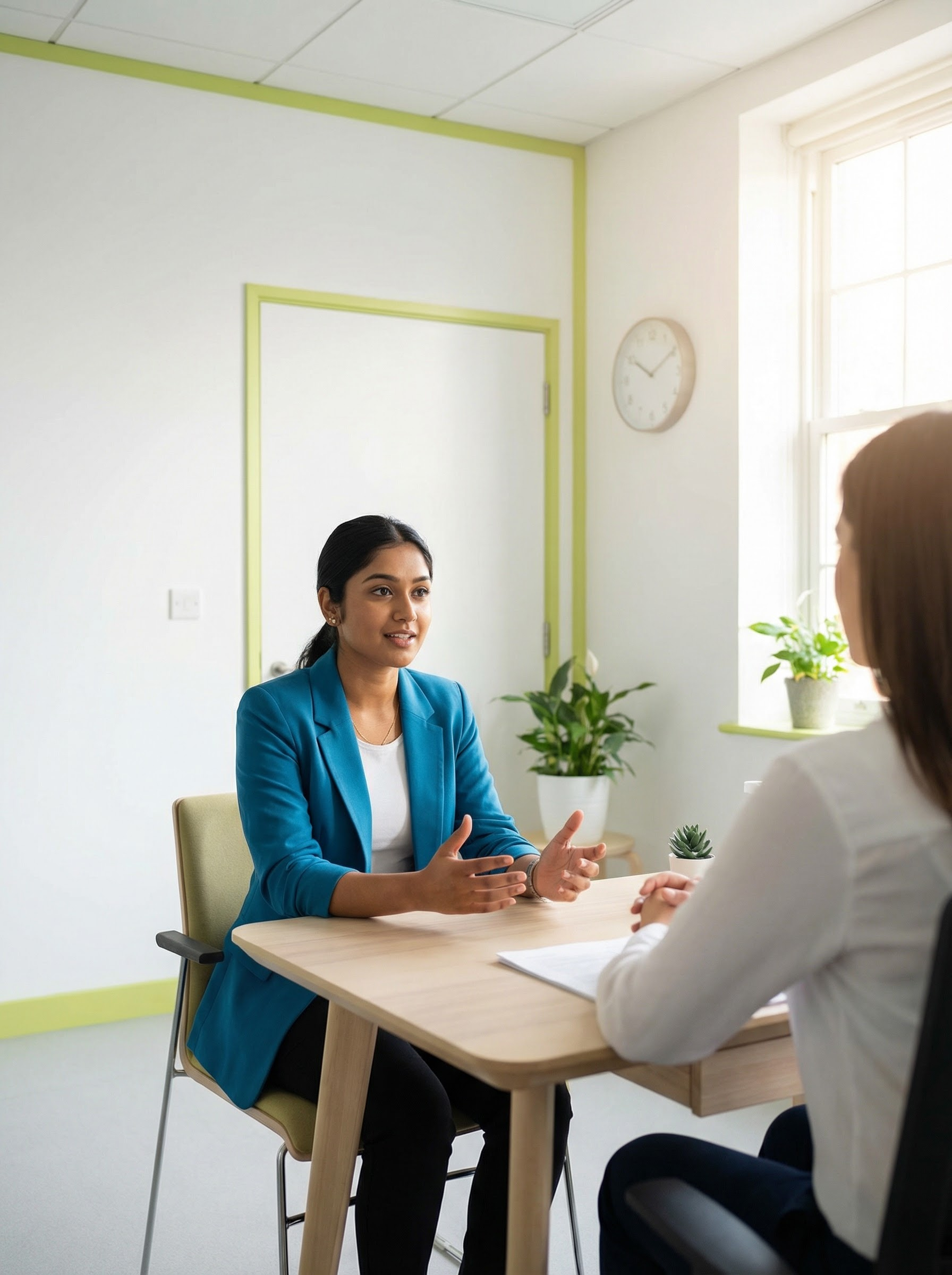 Confident test-taker practicing IELTS speaking with natural gestures in a professional exam room