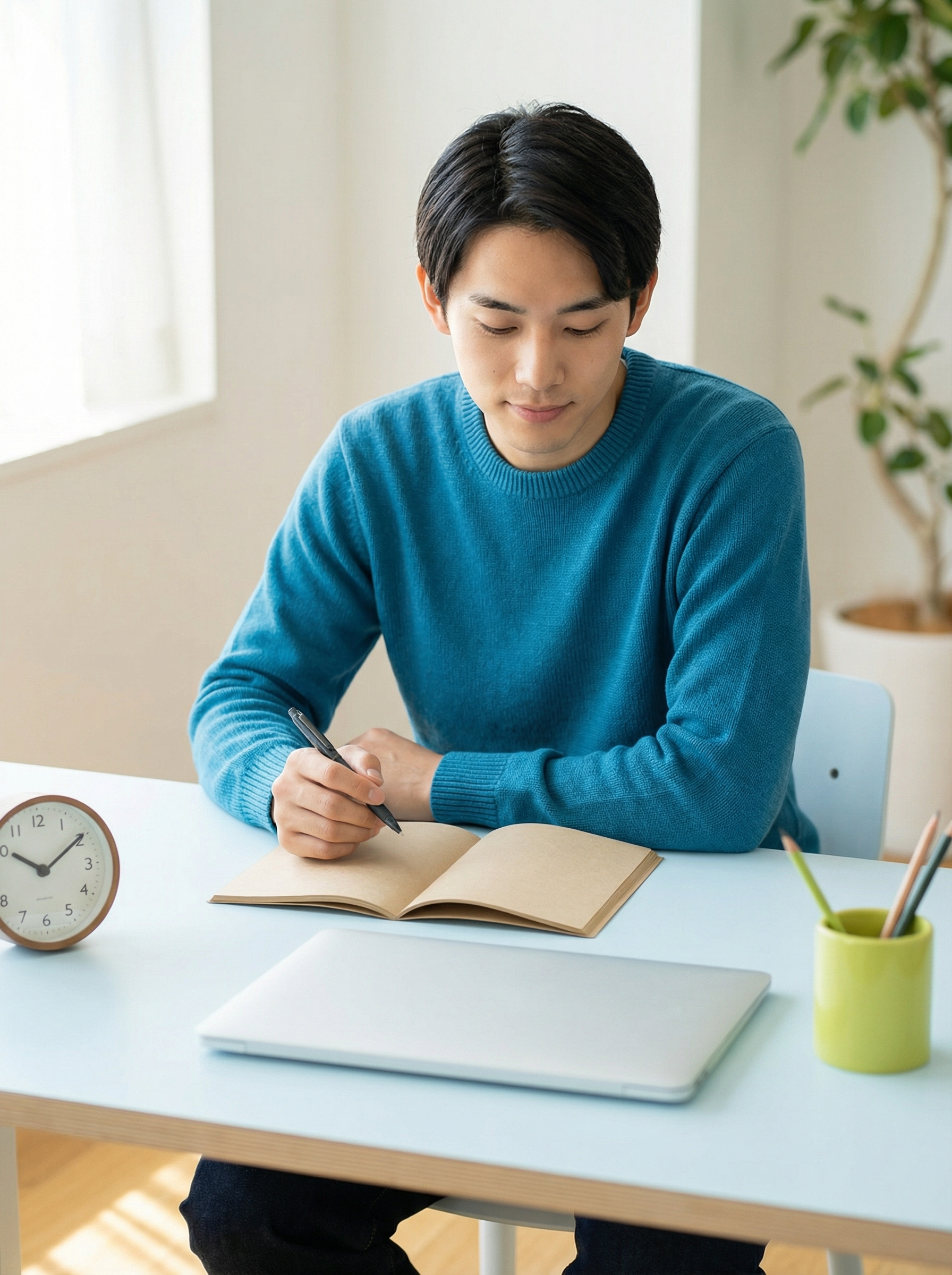 Student preparing to write an IELTS essay at a clean, organized study desk