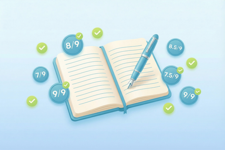 Notebook with pen and floating score badges representing IELTS writing task 2 essay assessment criteria.