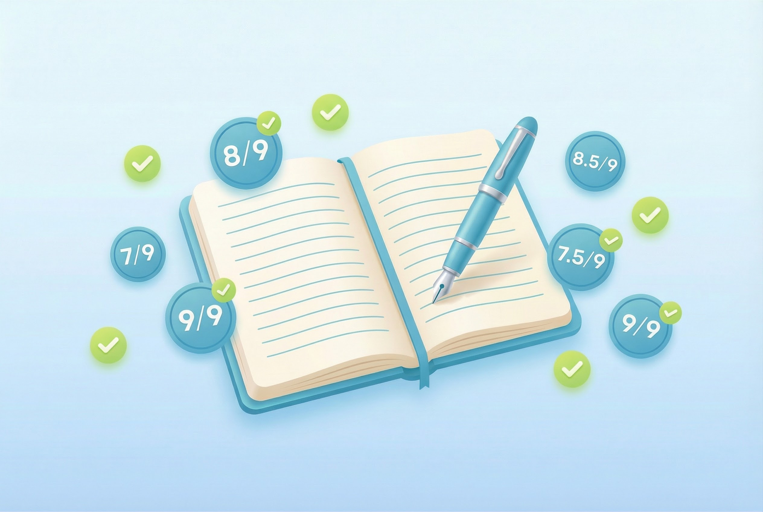 Notebook with pen and floating score badges representing IELTS writing task 2 essay assessment criteria.