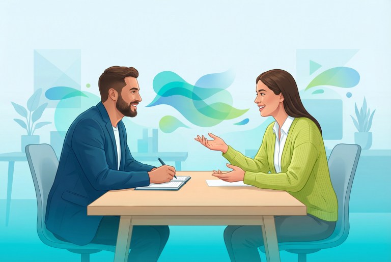 Two professionals having an engaging discussion, representing IELTS Speaking Part 3 conversation dynamics.