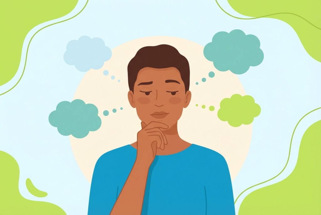 Person in contemplative thinking pose surrounded by thought bubble elements.