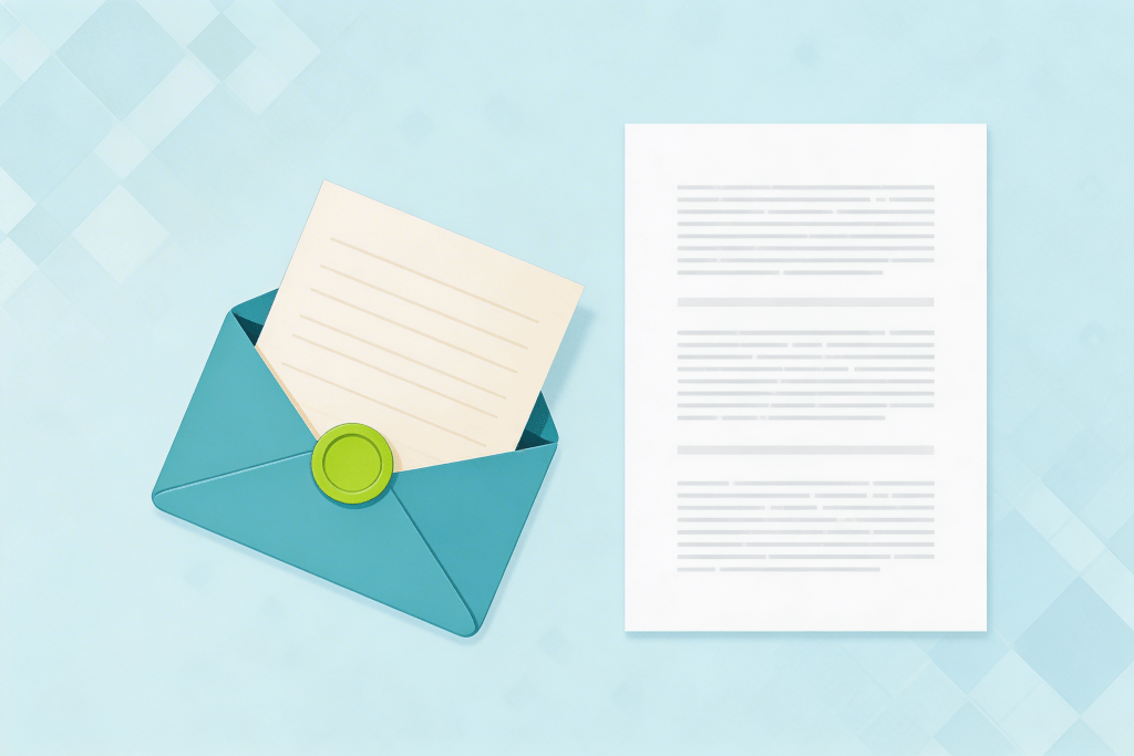 pen envelope with letter beside essay paper, representing IELTS letter versus essay writing tasks.