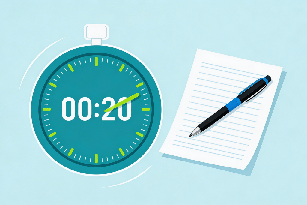 Stopwatch showing twenty minutes beside pen and paper for timed writing practice.