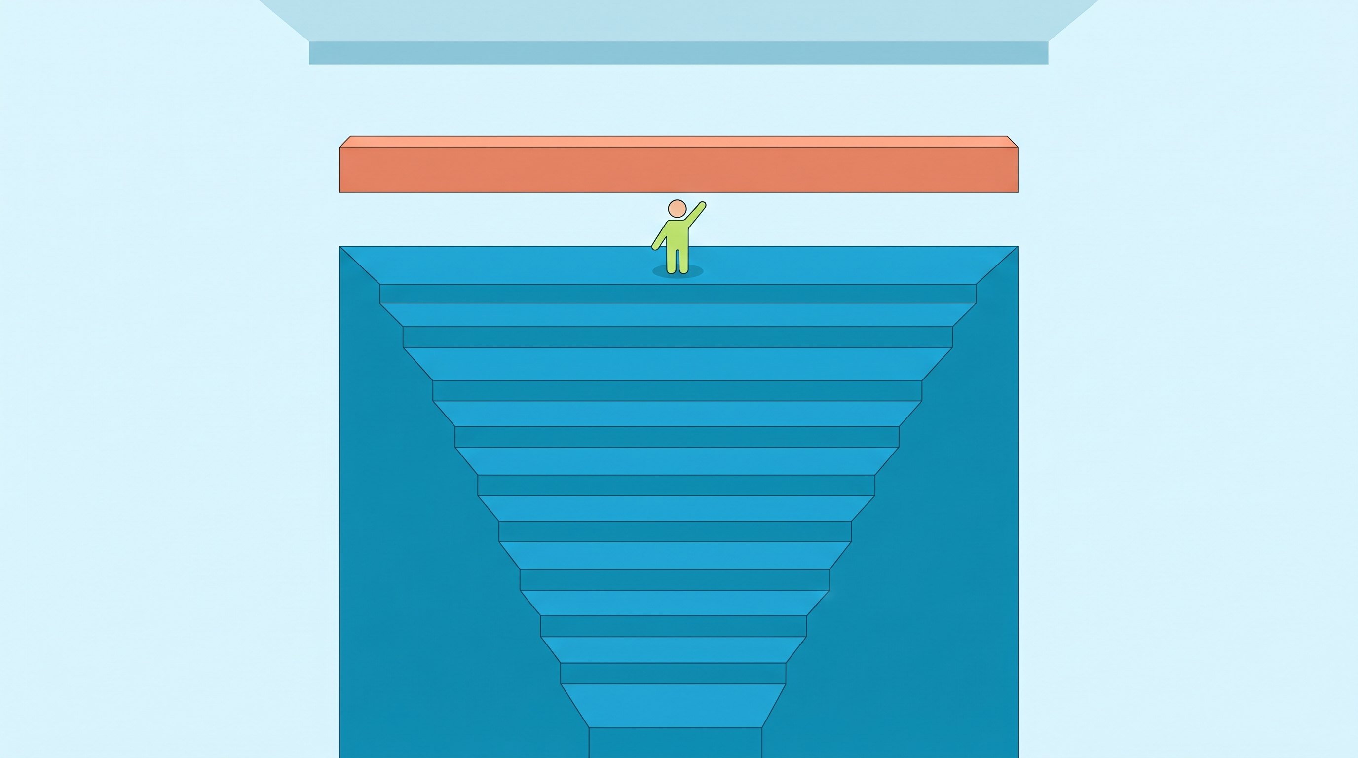 Image 2: Isometric staircase with figure reaching toward a ceiling barrier, representing the Band 6 plateau